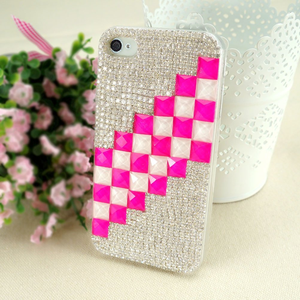 Pink And White Cubes With Rhinestone Enamel Case For Iphone 4/4s